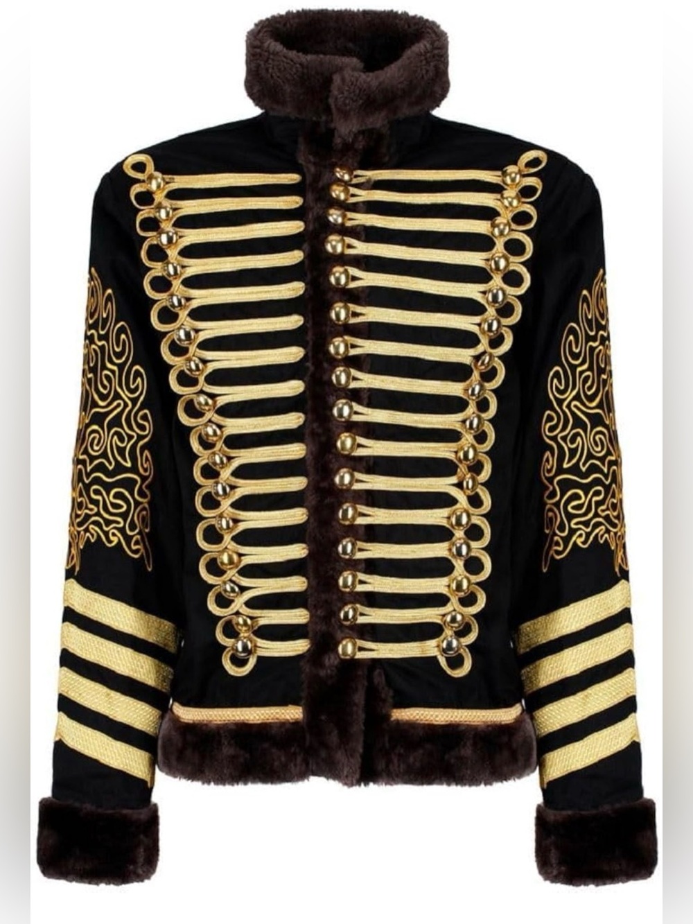 Men’s Black Gold Hussar Military Jacket Faux Fur Collar Parade Steampunk